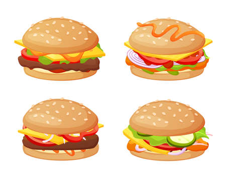 Set of burger with different ingredients. Collection of isolated your burger and sandwich. Cute hand drawn in colorful styleのイラスト素材