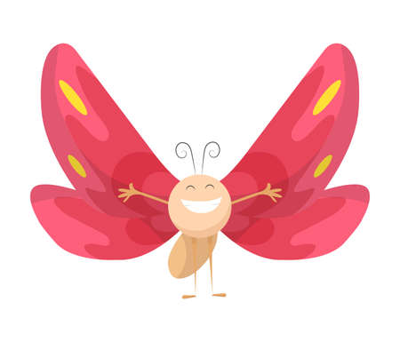 Funny cartoon insect isolated on white. Vector butterfly character. Happy animal. Colorful hand drawn illustration. Flat colorful bugのイラスト素材