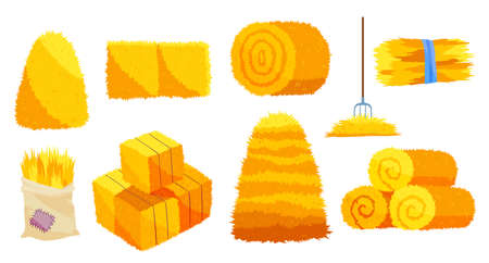 Collection of hays. Flat vector illustration dried haystacks with fork. Rolls of hay. A supply of feed for livestock, the object of agriculture. Farm straw bale nature agricultureのイラスト素材