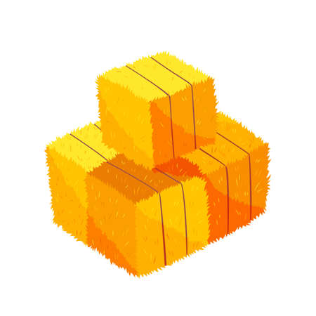 Golden color bale of hay. Bale of hay or straw isolated on white background. Flat dried haystack, farming haymow bale hayloft, agricultural rural haycockのイラスト素材