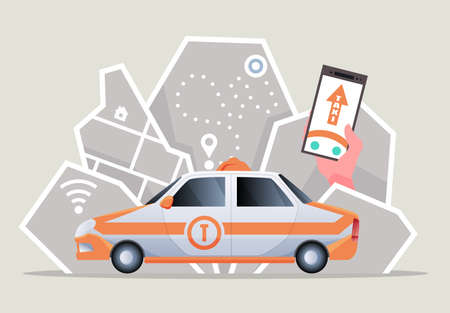 Electric car taxi. Phone with location mark and smart car with modern city skyline map. Vector illustration of online taxi service controlled via smartphone appのイラスト素材