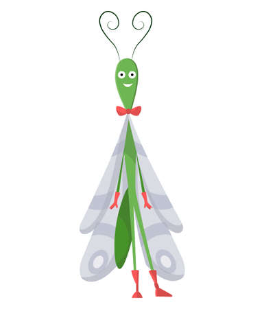 Funny cartoon insect isolated on white. Vector grasshopper character. Happy animal. Colorful hand drawn illustration. Flat colorful bugのイラスト素材
