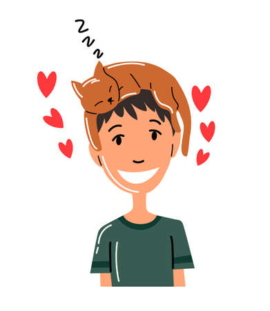 People and pet. Cat pet owner character. Ownerwith cat on head. Boy love him animal. Cute and adorable domestic animalのイラスト素材