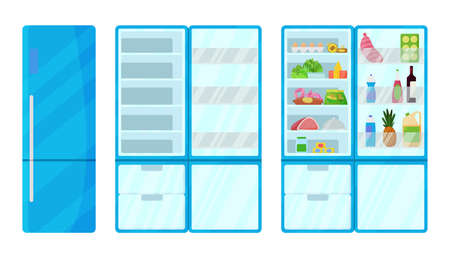 Refrigerator with food. Fridge full food. Open, empty and closed refrigerator, flat vector image....