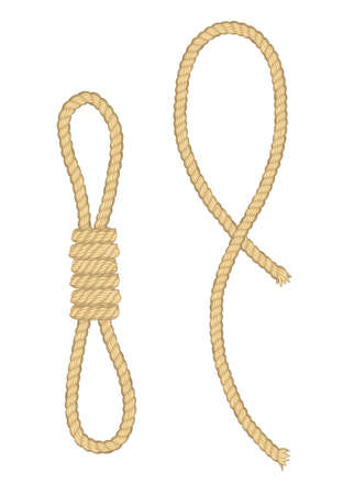 Ropes. Curved nautical ropes with knots vector template. Set of light brown ropes folded in different ways and folded several times around itself. Retro vintage art designのイラスト素材