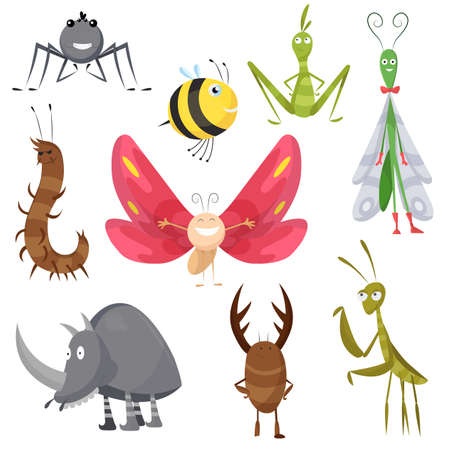 Set of funny cartoon insects isolated on white. Vector bee, butterfly, spider, wasp, mantis, dragonfly, rhinoceros beetle, characters. Collection happy comic bugs. Colorful hand drawn illustrationのイラスト素材