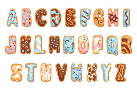 Cartoon cookies font set. Confectioners stylized capital letters collection. Vector english ABC baking in colored glaze. Creative gingerbread alphabet design. Childhood sweet biscuit and doughnut.のイラスト素材