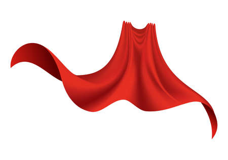 Superhero red cape on white background. Scarlet fabric silk cloak. Mantle costume or cover cartoon vector illustration. Flying carnival clothes.のイラスト素材
