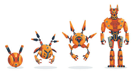 Robots. Evolution of robots concept. Vector isometric robots from simple single-task machine to...