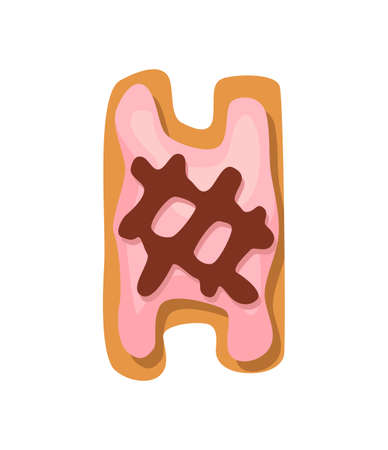 Cartoon cookies font. Confectioners stylized capital letter H. Vector english ABC baking in colored glaze. Creative gingerbread alphabet design. Childhood sweet biscuit and doughnutのイラスト素材