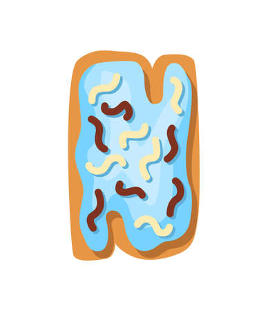 Cartoon cookies font. Confectioners stylized capital letter N. Vector english ABC baking in colored glaze. Creative gingerbread alphabet design. Childhood sweet biscuit and doughnutのイラスト素材