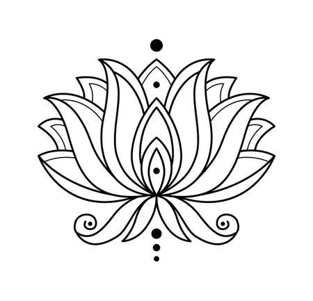 Lotus icon. Monochrome blooming flower. Hand drawn lotos flower illustration isolated on white background. Black linear petals of plant in coloring styleのイラスト素材
