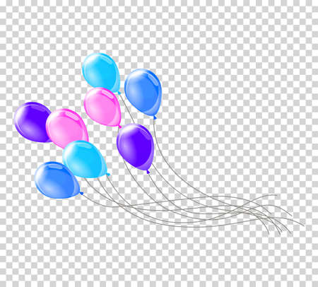 Helium balloons. Bunch or group of colorful helium balloons isolated on transparent background. Party realistic flying balloon set.のイラスト素材