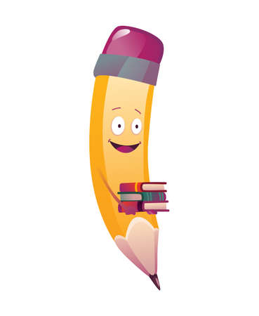Pencil cartoon. Cute humanized pencil character with arms and face emoji illustration with bookのイラスト素材