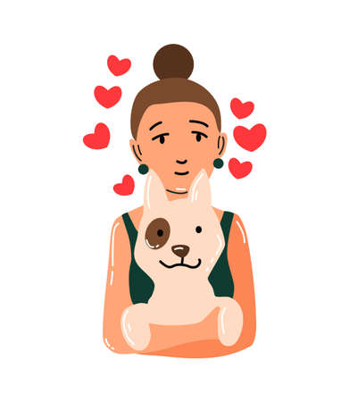 People and pet. Dog pet owner character. Owner hugging dog. Girl love their animal. Cute and adorable domestic animalのイラスト素材