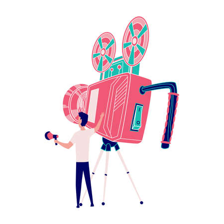 Operator with camera and horn. Superhero films. Movie shooting and production process. Superhero movie making, cartoon characters in stages of film production shooting in studioのイラスト素材