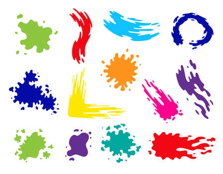 Paint blots. Splashes set for design use. Colorful grunge shapes collection. Dirty stains and silhouettes. Color ink splashesのイラスト素材