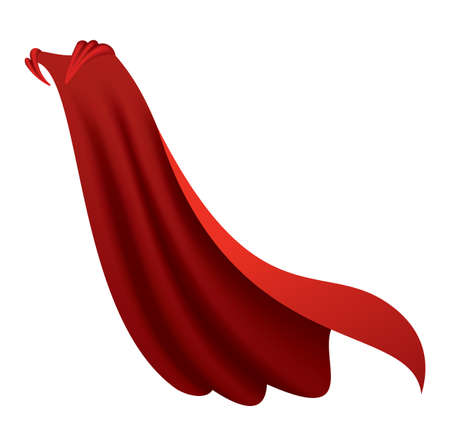 Superhero red cape. Scarlet fabric silk cloak in side view. Carnival or masquerade dress. Realistic costume design. Silk flying capeのイラスト素材