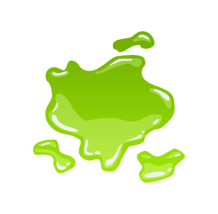 Green slime. Goo blob splashes, toxic dripping mucus. Slimy splodge and drops, liquid borders. Cartoon isolated vector decorative forms of playing blotch. Snotのイラスト素材