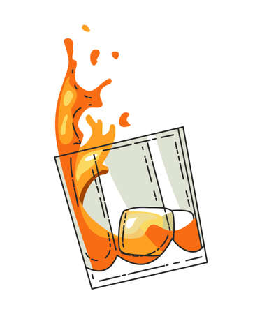 Glass of whiskey with ice isolated on transparent background. Realistic vector glass with smokey scotch whiskey and ice isolated. Glass and drinkのイラスト素材