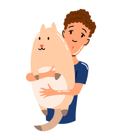 People and pet. Cat pet owner character. Owner hugging cat. Young boy love him animal. Cute and adorable domestic animalのイラスト素材