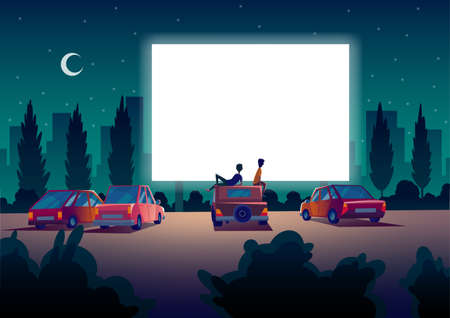 Car street cinema. Drive-in theater with automobiles stand in open air parking at night. Large outdoor screen. Cinema night vector banner in cartoon styleのイラスト素材