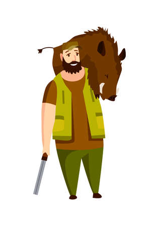 Hunter character with rifle and booty on his shoulders. Hunted wild boar. Man with a gun in camouflage in cartoon style. Human with weapons on huntingのイラスト素材