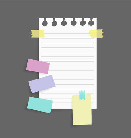 Paper notes stickers. Place for memo messages on paper sheets. Attached with sticky colorful tape on grey background isolated realistic vector illustrationのイラスト素材