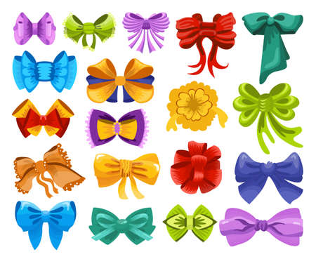 Collection of gift bows colorful flat vector illustration. Color knots for present elements template. Decorations for gifts, greetings or holidaysのイラスト素材