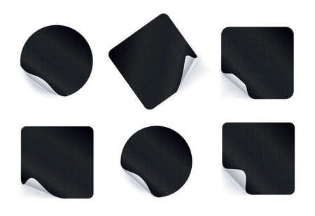 Set of adhesive stickers. Realistic empty sticky labels or price tags set with shadow. Blank round and square mock ups with curved corner. Black and whiteのイラスト素材