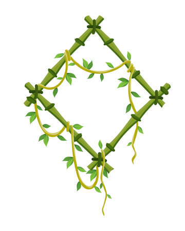 Tropical liana frame, jungle plant branches with leaves. Tropical climbing liana vine with green leaves. Cartoon lianas frame shaped. Liana branchesのイラスト素材