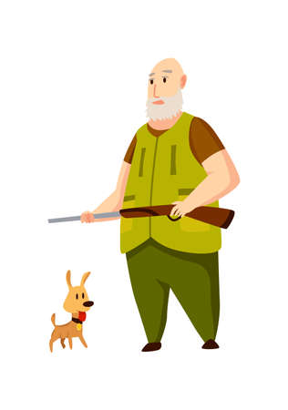 Old hunter character with rifle and little hunting dog . Man with a gun in camouflage in cartoon style. Human with weapons on huntingのイラスト素材
