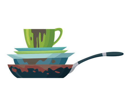 Dirty dishes plates and cups saucepan with remains fat stains. Stack of dirty kitchen utensil and dinnerware vector flat set for web design. Household and kitchenware conceptのイラスト素材