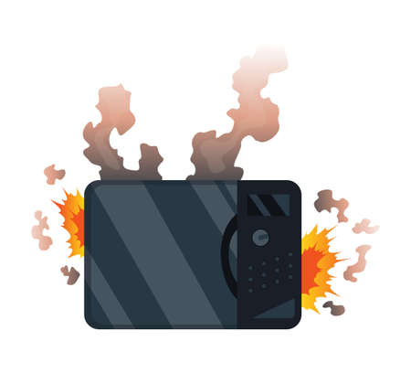 Broken home appliances. Damaged microwave. Domestic icon isolated on white. Burning electronics. Homeappliances or burnt electrical household equipment in fireのイラスト素材