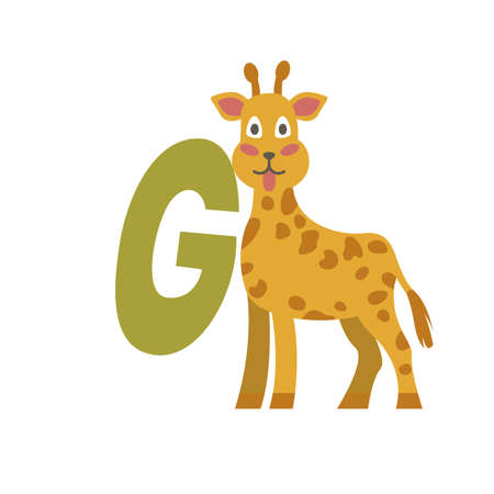 Giraffe animal alphabet symbol. English letter G isolated on white background. Funny hand drawn style character. Learn kids to read with cute toy illustrationのイラスト素材