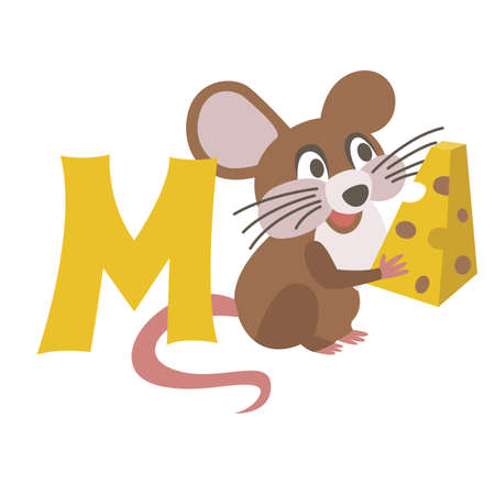 Mouse animal alphabet symbol. English letter M isolated on white background. Funny hand drawn style character. Learn kids to read with cute toy illustrationのイラスト素材