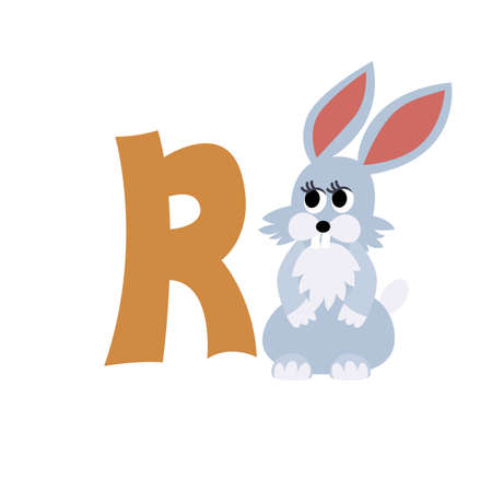 Rabbit animal alphabet symbol. English letter R isolated on white background. Funny hand drawn style character. Learn kids to read with cute toy illustrationのイラスト素材