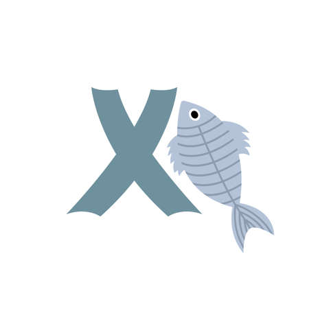 X-ray fish animal alphabet symbol. English letter X isolated on white background. Funny hand drawn...