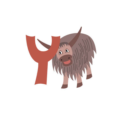 Yak animal alphabet symbol. English letter Y isolated on white background. Funny hand drawn style character. Learn kids to read with cute toy illustrationのイラスト素材