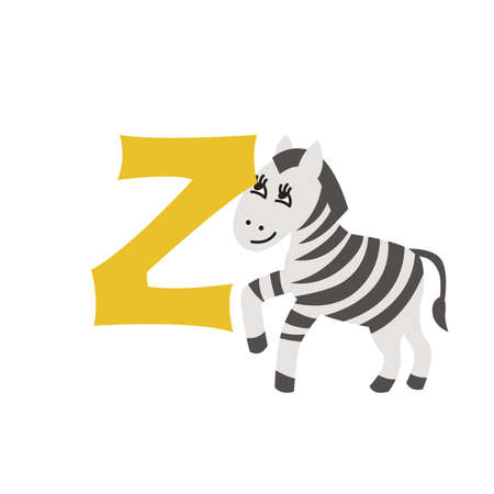 Zebra animal alphabet symbol. English letter Z isolated on white background. Funny hand drawn style character. Learn kids to read with cute toy illustrationのイラスト素材