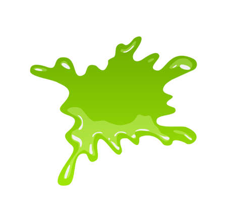 Green slime. Goo blob splashes, toxic dripping mucus. Slimy splodge and drops, liquid borders. Cartoon isolated vector decorative forms of playing blotch. Snotのイラスト素材