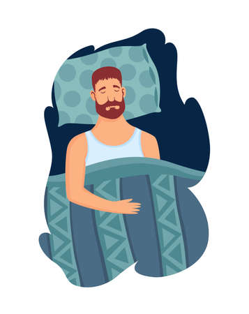 Good sleep rules and man sleeps on pillow vector illustration. Template healthy sleep. Good night relaxation. Helpful ilustrative advice how to get rid of insomniaのイラスト素材
