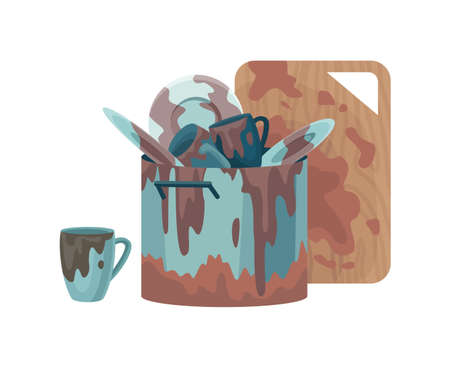 Dirty dishes plates and cups saucepan with remains fat stains. Cutting board spoons and sauce puddles ladle and cutlery. Stack of dirty kitchen utensil. Household and kitchenware conceptのイラスト素材
