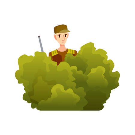 Hunter character with rifle in bushes. Man with a gun in camouflage in cartoon style. Human with weapons on huntingのイラスト素材