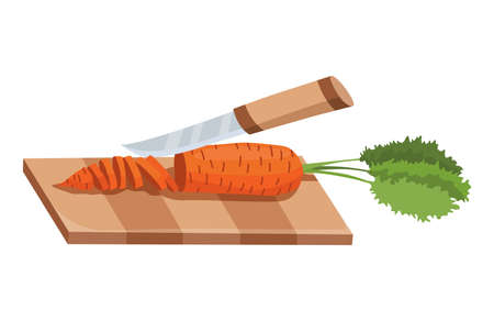 Sliced vegetable. Slicing carrot by knife. Cutting on wooden board isolated on white background. Prepare to cooking. Chopped fresh nutrition in cartoon flat styleのイラスト素材
