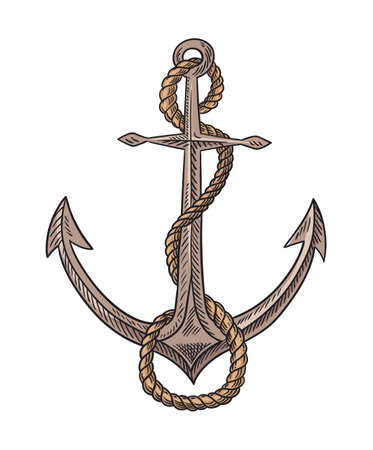 Anchor and rope sketch engraving vector illustration. Hand drawn print design image. Nautical symbol in vintage style. Retro drawingのイラスト素材