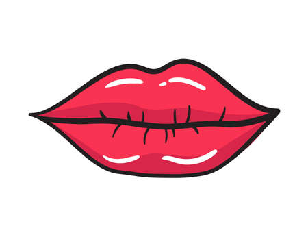 Comic female red lips sticker. Women mouth with lipstick in vintage comic style. Rop art retro illustrationのイラスト素材