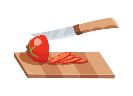 Sliced vegetable. Slicing tomato by knife. Cutting on wooden board isolated on white background. Prepare to cooking. Chopped fresh nutrition in cartoon flat styleのイラスト素材