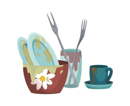 Dirty dishes plates and cups saucepan with remains fat stains. Stack of dirty kitchen utensil and dinnerware vector flat set for web design. Household and kitchenware conceptのイラスト素材
