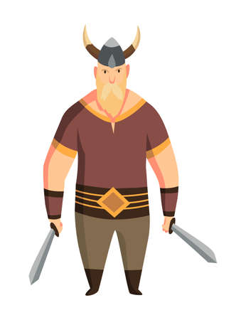 Viking man with horned helmet and two swords. Bearded men warrior or hero of scandinavian legends. Cartoon barbarian history character with weaponのイラスト素材